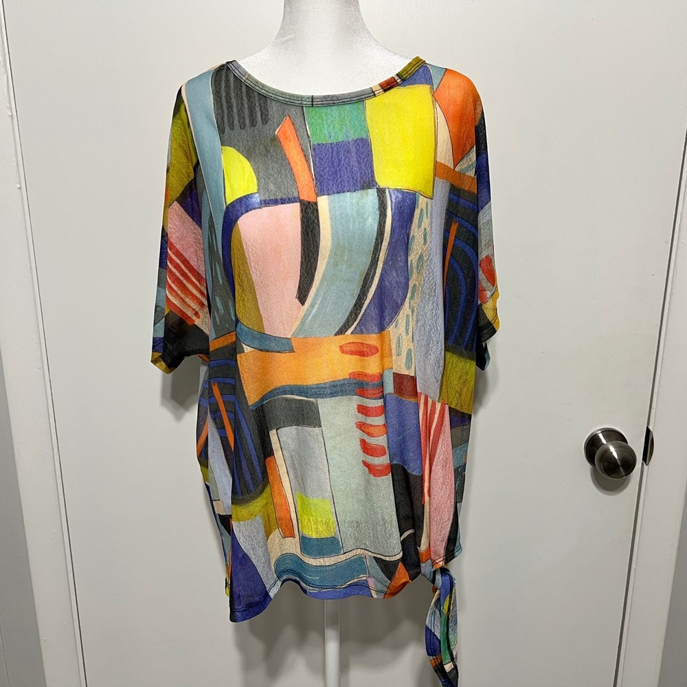 Jess & Jane Womens‎ Tie Front Top Size XL Santiago Abstract Crepe Mesh Artsy